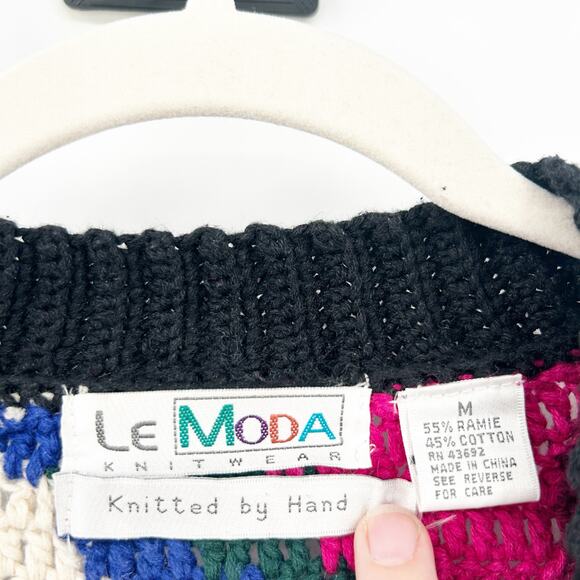 Le Moda Knitwear Womens VTG 90s Artsy Colorful Hand Knit Cardigan Sweater M - Picture 2 of 6